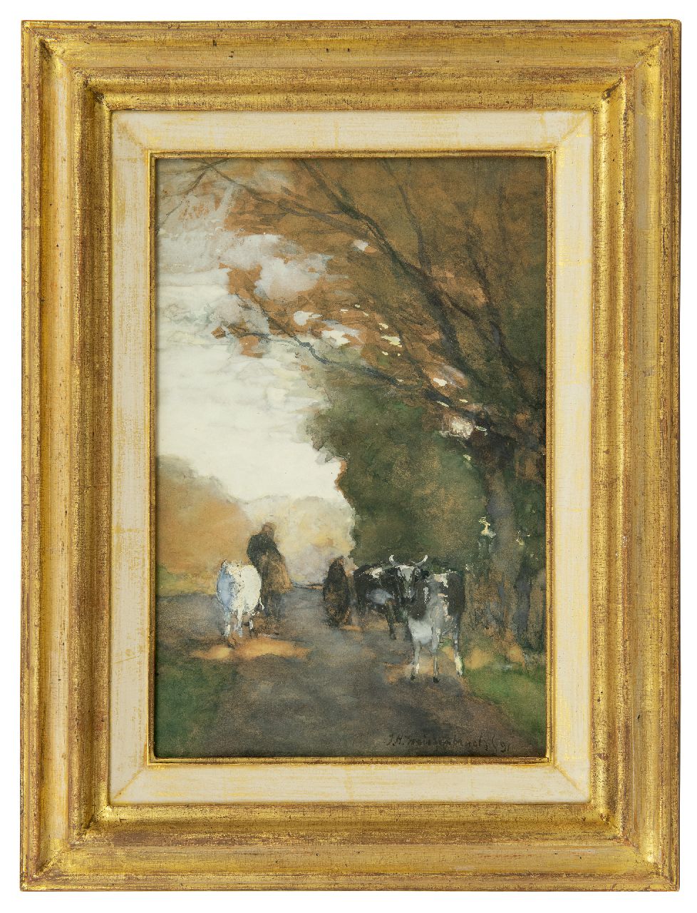 Weissenbruch H.J. | Hendrik Johannes 'J.H.' Weissenbruch, Koeien op pad langs de bosrand, aquarel op papier 35,3 x 22,8 cm, gesigneerd rechtsonder en gedateerd '91 Weissenbruch H.J. | Hendrik Johannes 'J.H.' Weissenbruch, Koeien op pad langs de bosrand, aquarel op papier 35,3 x 22,8 cm, gesigneerd rechtsonder en gedateerd '91