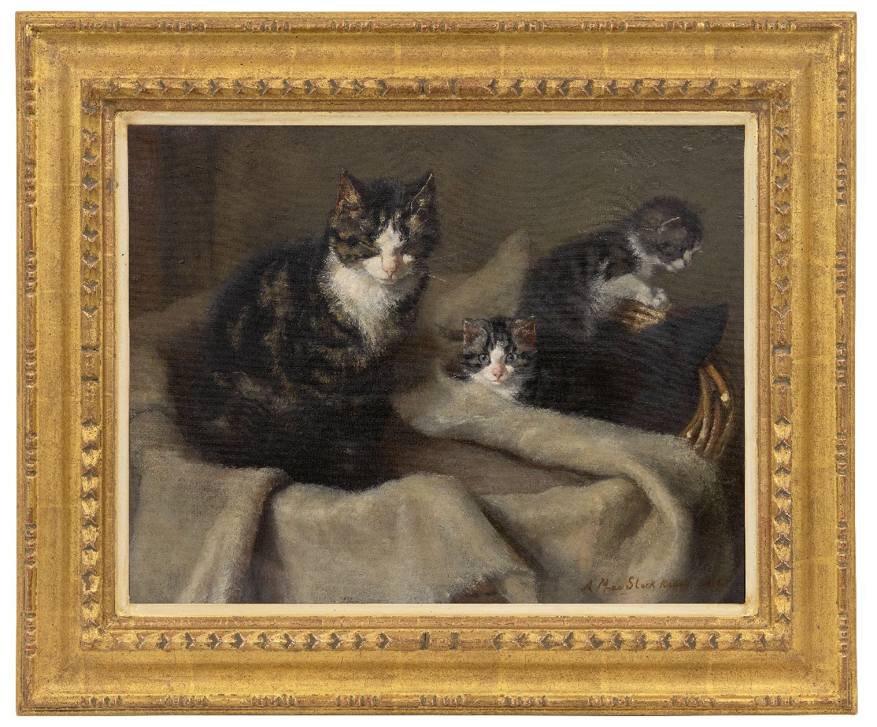 Kruijff A.M. | Anna Maria Kruijff, Moederpoes met twee kittens, olieverf op doek 35,2 x 45,4 cm, gesigneerd rechtsonder en gedateerd 1908 Kruijff A.M. | Anna Maria Kruijff, Moederpoes met twee kittens, olieverf op doek 35,2 x 45,4 cm, gesigneerd rechtsonder en gedateerd 1908