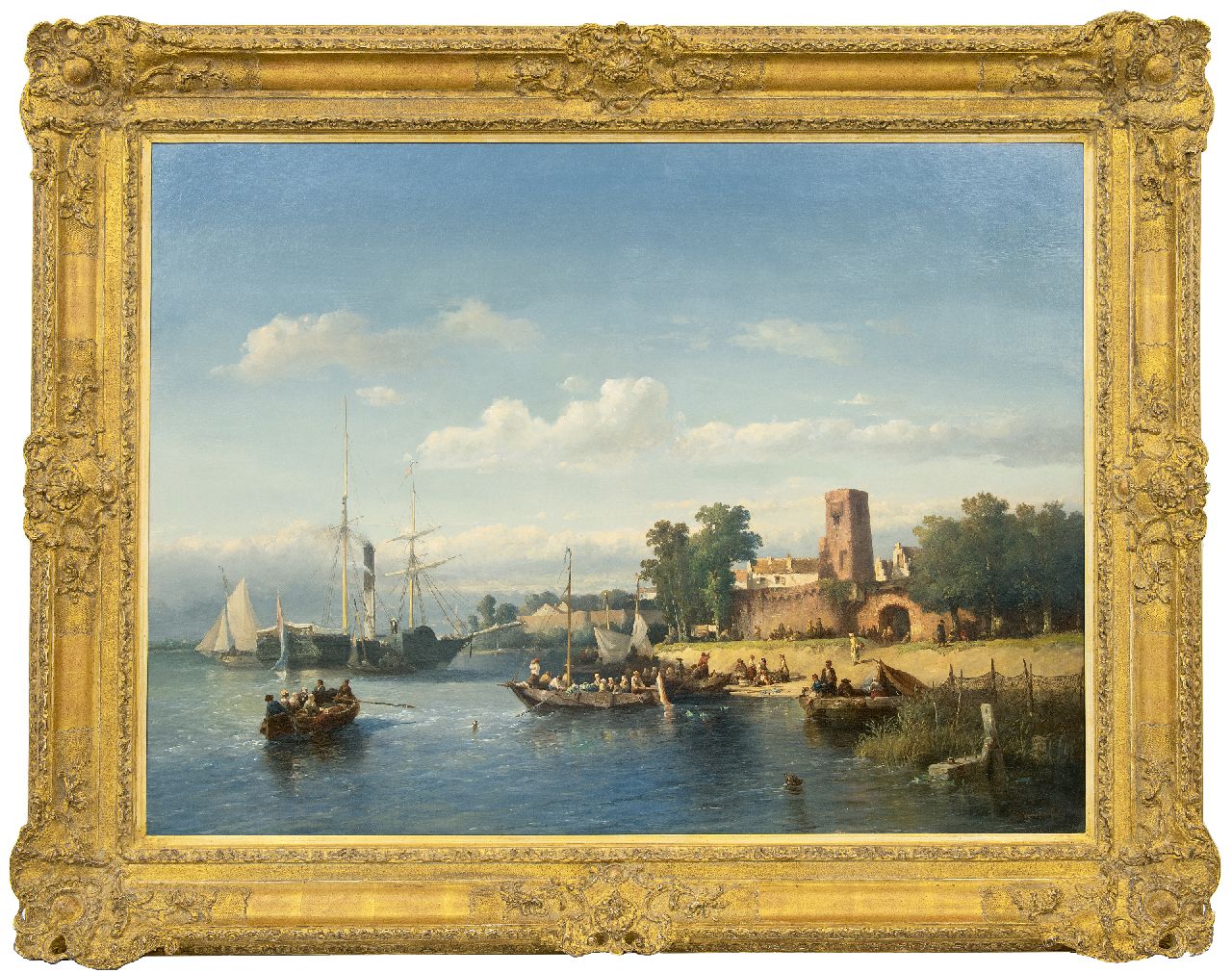 Verveer S.L.  | 'Salomon' Leonardus Verveer | Schilderijen te koop aangeboden | De Merwede voor Woudrichem (met fantasie) met raderboot en veerpont, olieverf op doek 76,0 x 102,3 cm, gesigneerd rechtsonder en gedateerd '51