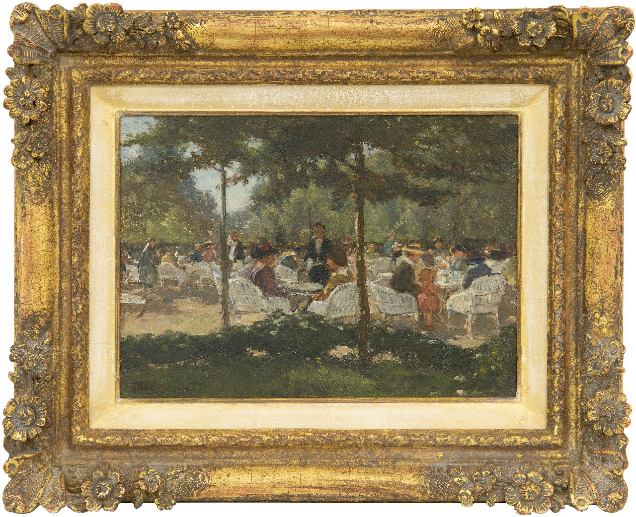 Akkeringa J.E.H. | 'Johannes Evert' Hendrik Akkeringa, Theetuin (vermoedelijk Boschhek, Den Haag), olieverf op paneel 16,9 x 22,9 cm, gesigneerd linksonder Akkeringa J.E.H. | 'Johannes Evert' Hendrik Akkeringa, Theetuin (vermoedelijk Boschhek, Den Haag), olieverf op paneel 16,9 x 22,9 cm, gesigneerd linksonder
