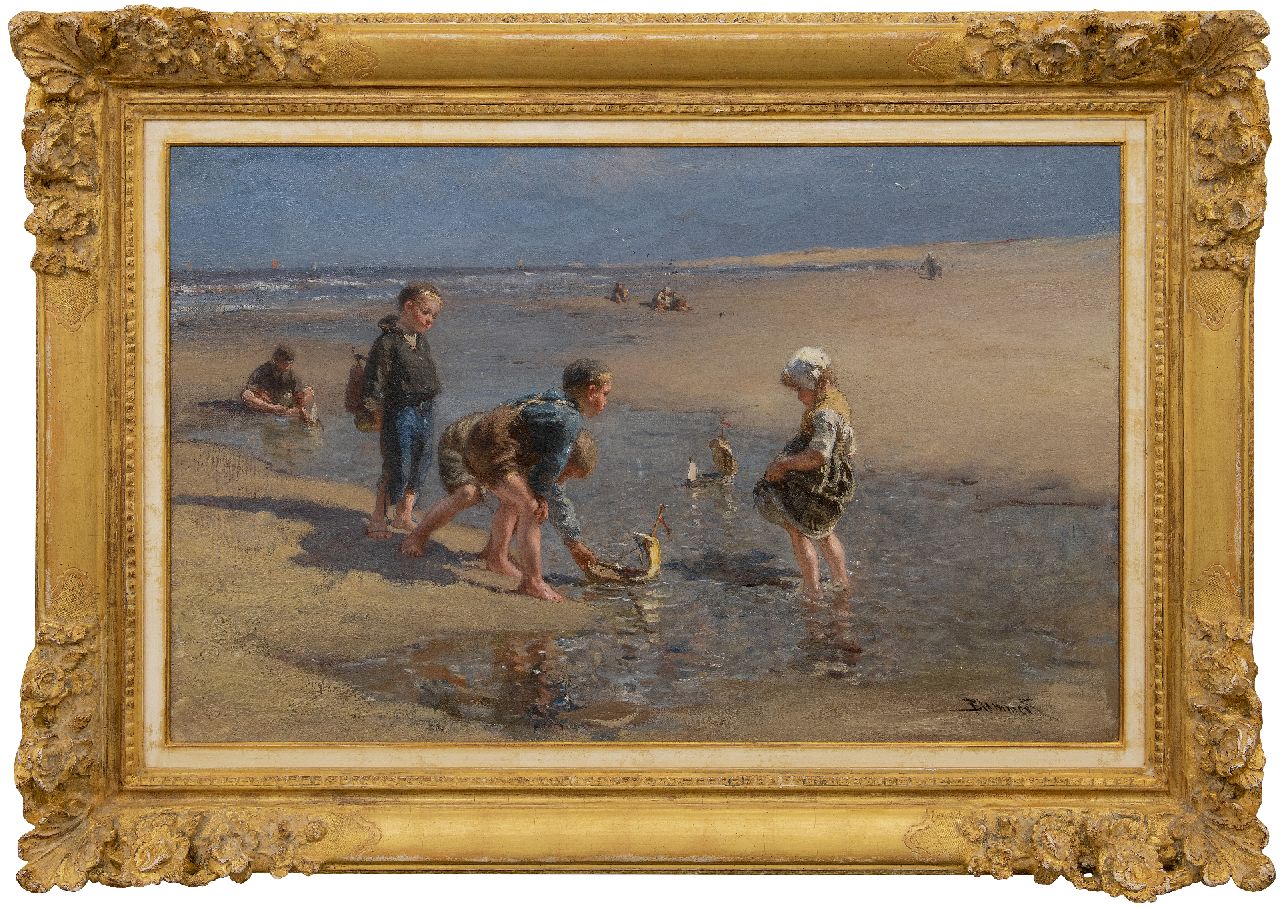Blommers B.J.  | Bernardus Johannes 'Bernard' Blommers, Scheepje zeilen, olieverf op doek 67,0 x 103,3 cm, gesigneerd rechtsonder en te dateren ca. 1875