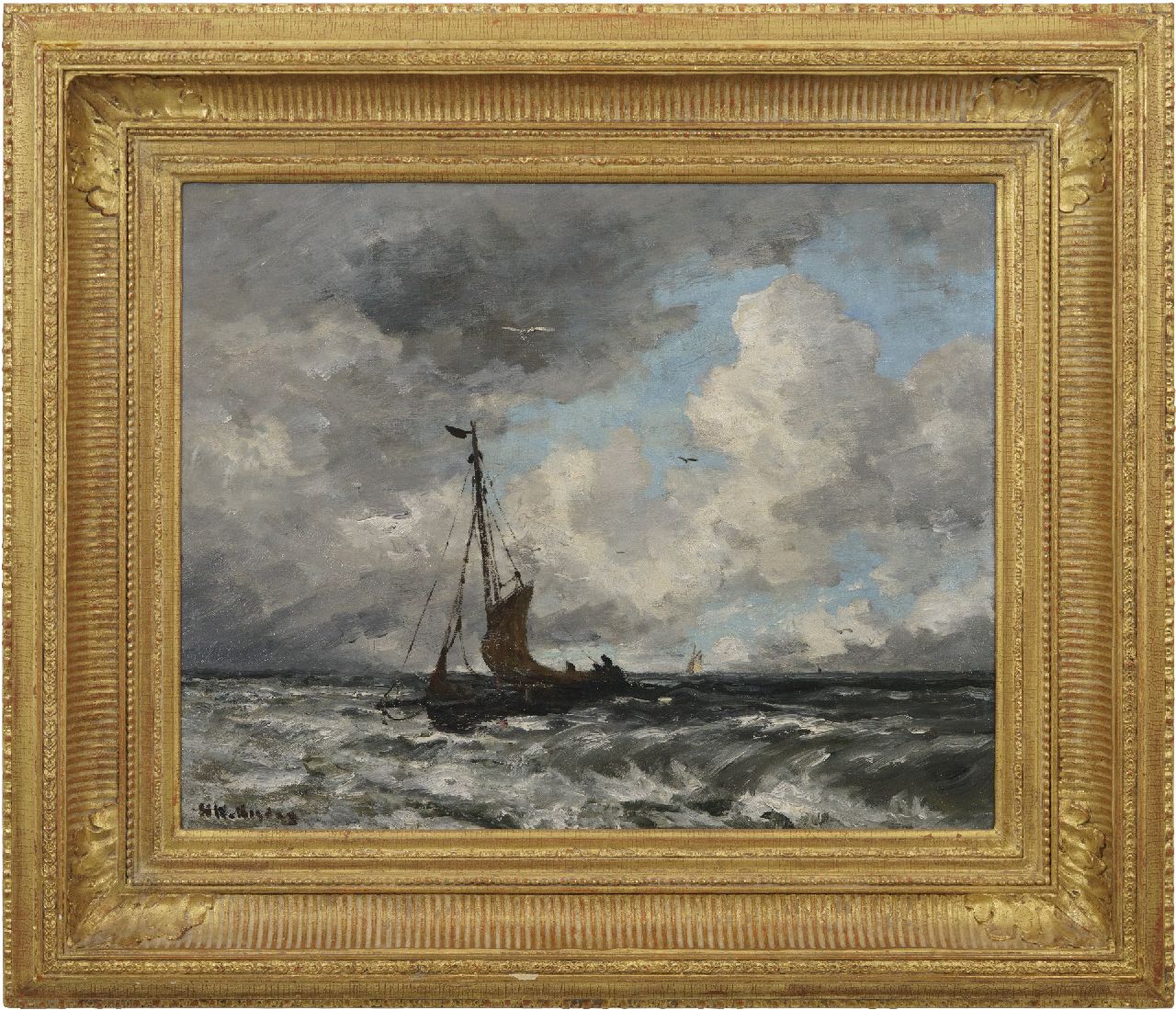 Mesdag H.W. | Hendrik Willem Mesdag, Bomschuit op de Noordzee, olieverf op doek op board 40,2 x 50,6 cm, gesigneerd linksonder Mesdag H.W. | Hendrik Willem Mesdag, Bomschuit op de Noordzee, olieverf op doek op board 40,2 x 50,6 cm, gesigneerd linksonder