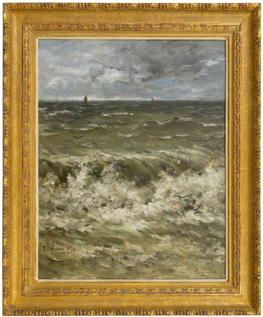 Mesdag H.W. | Hendrik Willem Mesdag, Branding met schepen in de verte, olieverf op doek op paneel 88,6 x 69,5 cm, gesigneerd linksonder en gedateerd 1879 Mesdag H.W. | Hendrik Willem Mesdag, Branding met schepen in de verte, olieverf op doek op paneel 88,6 x 69,5 cm, gesigneerd linksonder en gedateerd 1879