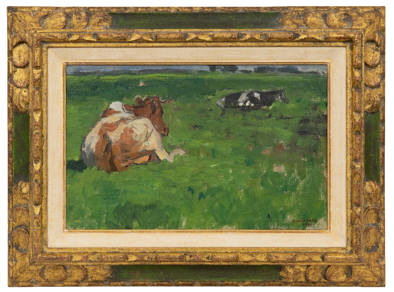 Verkade J. | Jan Verkade | Schilderijen te koop aangeboden | Rustende koeien in een weiland, olieverf op doek 26,5 x 41,4 cm, gesigneerd rechtsonder en gedateerd 1891 Verkade J. | Jan Verkade | Schilderijen te koop aangeboden | Rustende koeien in een weiland, olieverf op doek 26,5 x 41,4 cm, gesigneerd rechtsonder en gedateerd 1891