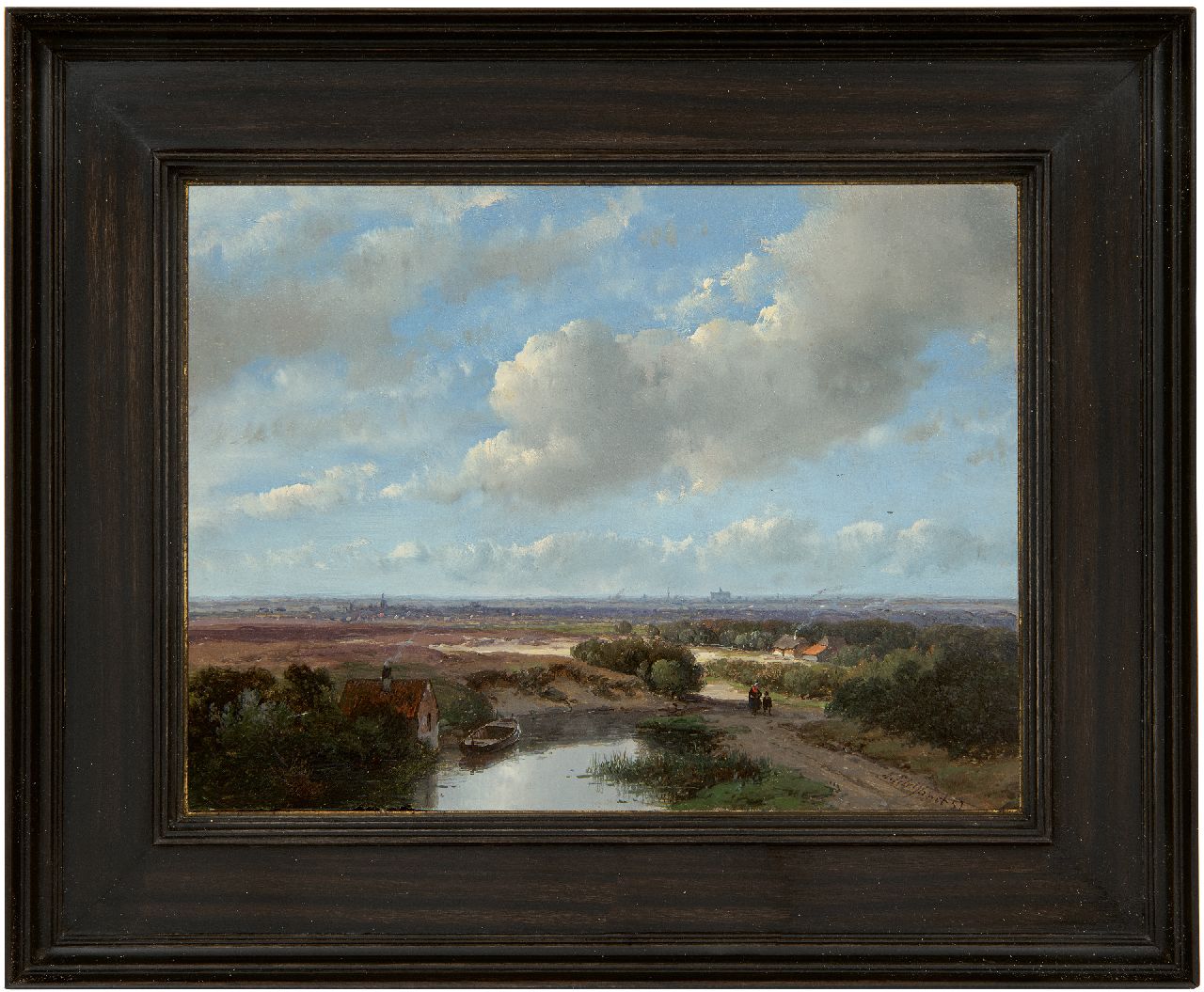Schelfhout A.  | Andreas Schelfhout, Weids landschap met de St. Bavokerk van Haarlem en een stoomtrein aan de horizon, olieverf op paneel 17,3 x 22,9 cm, gesigneerd rechtsonder en gedateerd '57