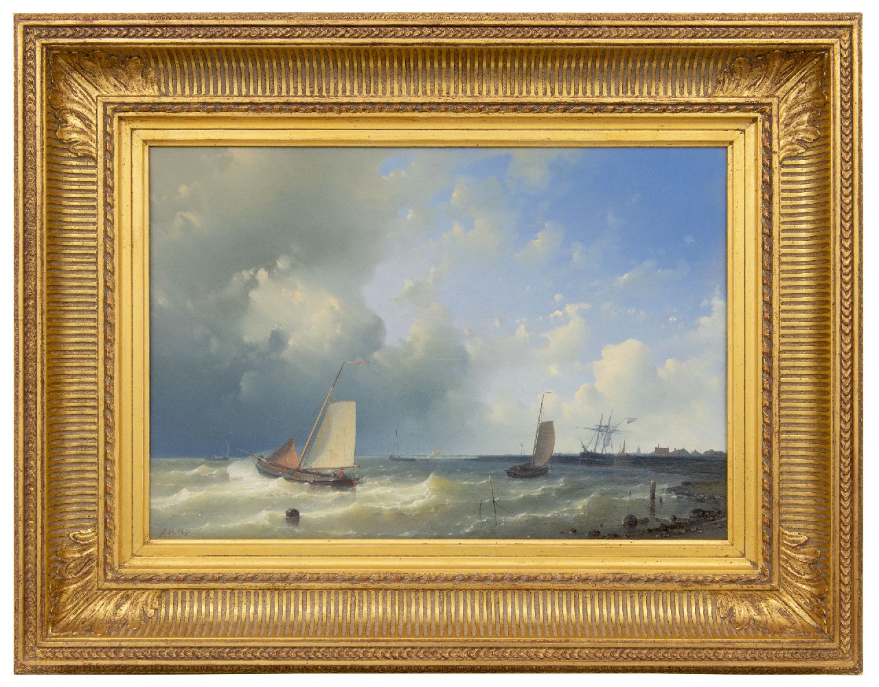 Hulk A.  | Abraham Hulk | Schilderijen te koop aangeboden | Vissersboten in een stevige bries voor de haven, olieverf op paneel 36,5 x 53,5 cm, gesigneerd linksonder