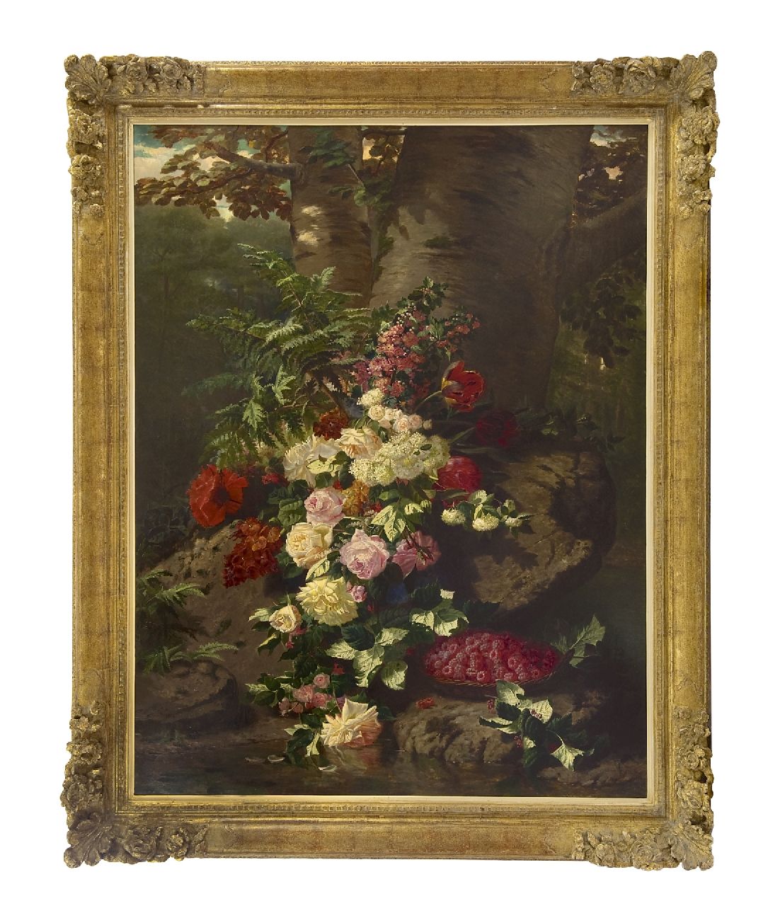 Robie J.B. | Jean-Baptiste Robie | Schilderijen te koop aangeboden | Bloemstilleven met rozen, bloeiende takken en frambozen, olieverf op doek 137,7 x 106,0 cm, gesigneerd linksonder en gedateerd 'Bruxelles' 1864 Robie J.B. | Jean-Baptiste Robie | Schilderijen te koop aangeboden | Bloemstilleven met rozen, bloeiende takken en frambozen, olieverf op doek 137,7 x 106,0 cm, gesigneerd linksonder en gedateerd 'Bruxelles' 1864