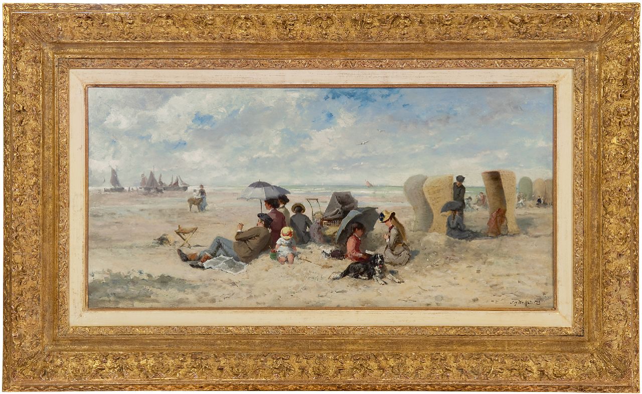 Kate J.M. ten | Johannes Marius ten Kate, Familiedag op het strand van Scheveningen, olieverf op paneel 33,3 x 69,2 cm, gesigneerd rechtsonder Kate J.M. ten | Johannes Marius ten Kate, Familiedag op het strand van Scheveningen, olieverf op paneel 33,3 x 69,2 cm, gesigneerd rechtsonder