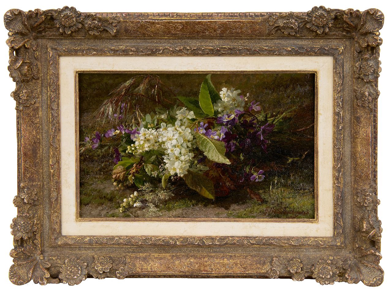 Sande Bakhuyzen G.J. van de | 'Gerardine' Jacoba van de Sande Bakhuyzen | Schilderijen te koop aangeboden | Boeket met bloesemtakken en viooltjes op de bosgrond, olieverf op paneel 22,9 x 36,3 cm, gesigneerd rechtsonder Sande Bakhuyzen G.J. van de | 'Gerardine' Jacoba van de Sande Bakhuyzen | Schilderijen te koop aangeboden | Boeket met bloesemtakken en viooltjes op de bosgrond, olieverf op paneel 22,9 x 36,3 cm, gesigneerd rechtsonder