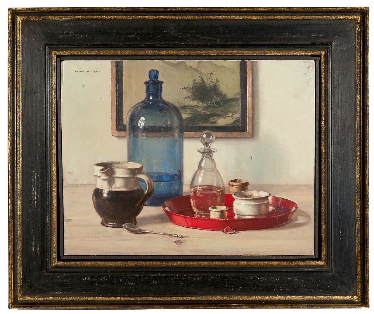 Bogaerts J.J.M.  | Johannes Jacobus Maria 'Jan' Bogaerts | Schilderijen te koop aangeboden | Stilleven met blauwe fles en potjes, olieverf op doek 34,7 x 45,4 cm, gesigneerd linksboven en gedateerd 1943