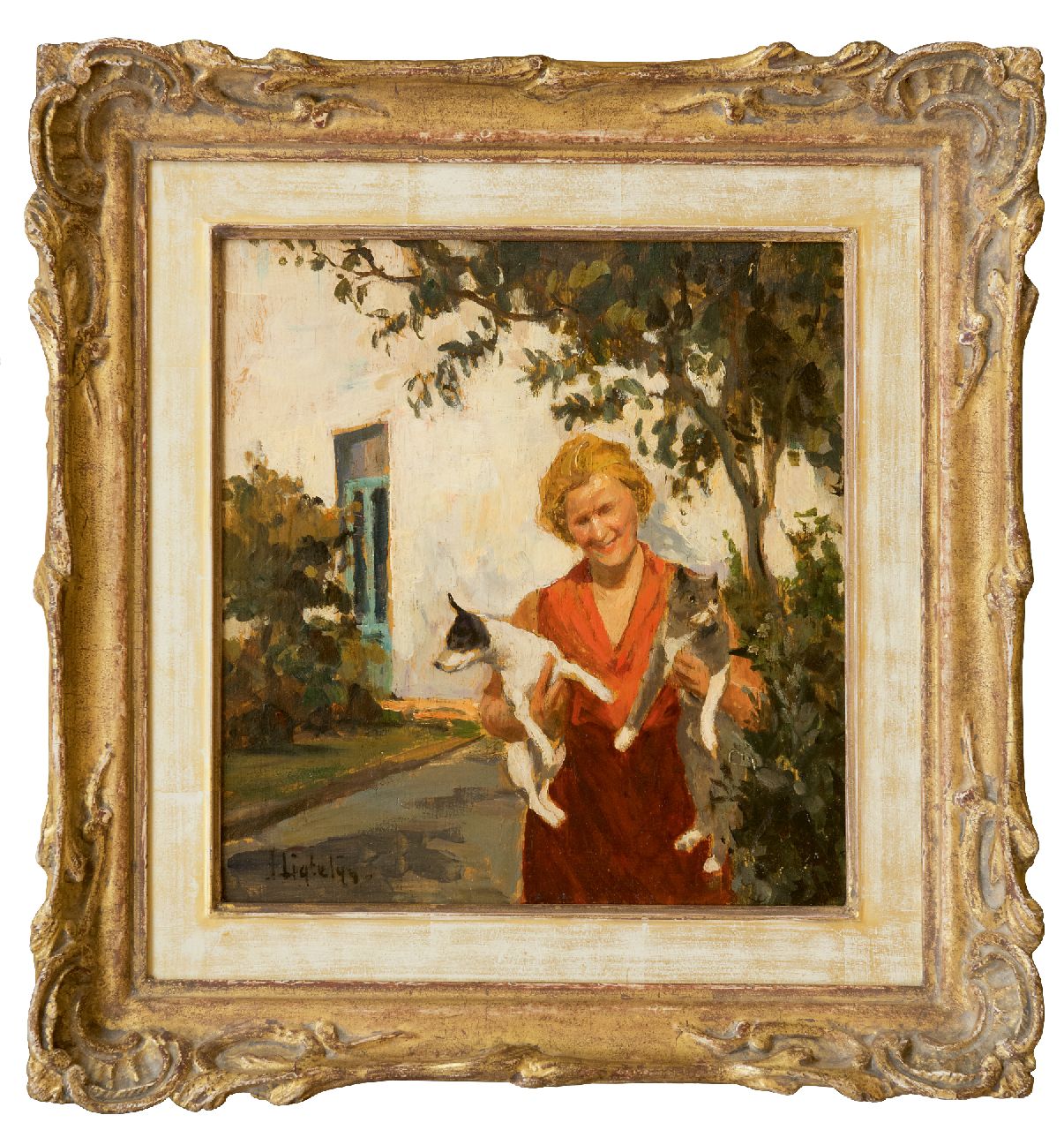 Ligtelijn E.J.  | Evert Jan Ligtelijn, Vrouw met hond en kat in de tuin, olieverf op paneel 24,0 x 22,7 cm, gesigneerd linksonder