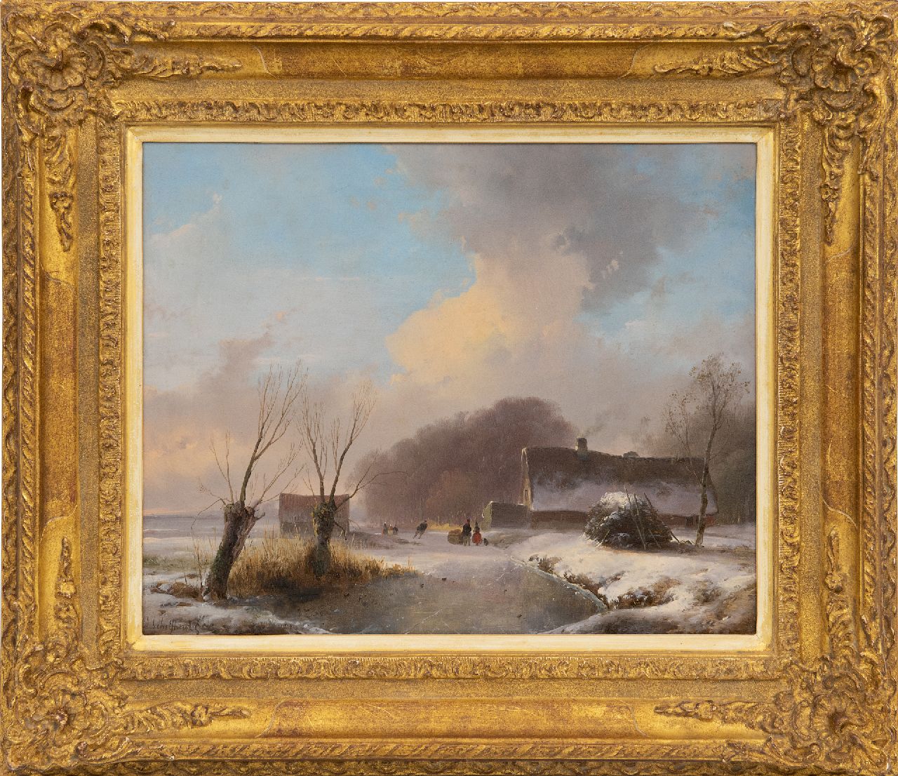 Schelfhout A. | Andreas Schelfhout, Zonnig wintergezicht met schaatsers en boerderij, olieverf op paneel 29,7 x 36,7 cm, gesigneerd linksonder en te dateren ca. 1833 Schelfhout A. | Andreas Schelfhout, Zonnig wintergezicht met schaatsers en boerderij, olieverf op paneel 29,7 x 36,7 cm, gesigneerd linksonder en te dateren ca. 1833