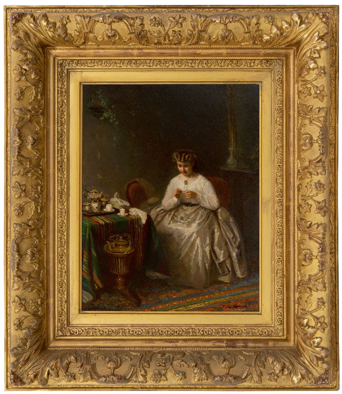 Neuhuys J.A. | Johannes 'Albert' Neuhuys | Schilderijen te koop aangeboden | Het verstelwerkje, olieverf op paneel 40,1 x 31,1 cm, gesigneerd rechtsonder Neuhuys J.A. | Johannes 'Albert' Neuhuys | Schilderijen te koop aangeboden | Het verstelwerkje, olieverf op paneel 40,1 x 31,1 cm, gesigneerd rechtsonder