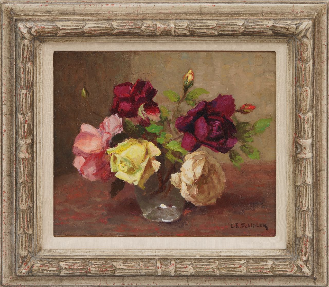 Schlüter C.A.  | 'Carl' Eberhard Schlüter | Schilderijen te koop aangeboden | Rozen in glazen vaas, olieverf op doek 25,6 x 30,5 cm, gesigneerd rechtsonder