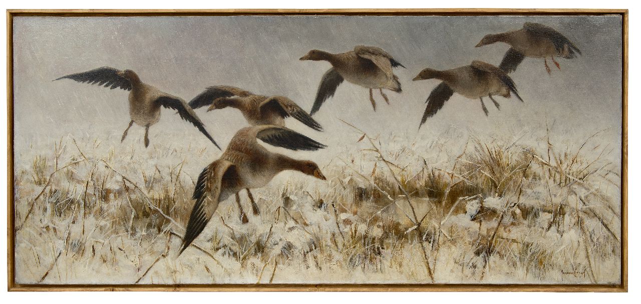 Essen J.C. van | Johannes Cornelis 'Jan' van Essen, Ganzen in sneeuwlandschap, olieverf op doek 61,8 x 140,1 cm, gesigneerd rechtsonder Essen J.C. van | Johannes Cornelis 'Jan' van Essen, Ganzen in sneeuwlandschap, olieverf op doek 61,8 x 140,1 cm, gesigneerd rechtsonder