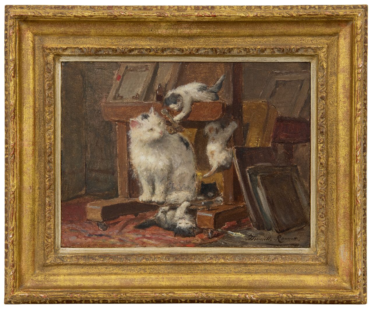 Ronner-Knip H.  | Henriette Ronner-Knip, Moederpoes met kittens in het atelier, olieverf op papier op paneel 28,1 x 37,1 cm, gesigneerd rechtsonder