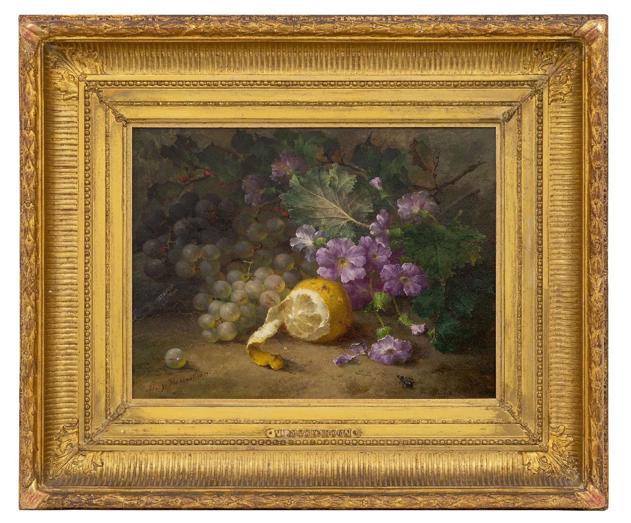 Roosenboom M.C.J.W.H. | 'Margaretha' Cornelia Johanna Wilhelmina Henriëtta Roosenboom | Schilderijen te koop aangeboden | Stilleven met druiven, citroen en bloemen op de bosgrond, olieverf op paneel 29,5 x 40,1 cm, gesigneerd linksonder Roosenboom M.C.J.W.H. | 'Margaretha' Cornelia Johanna Wilhelmina Henriëtta Roosenboom | Schilderijen te koop aangeboden | Stilleven met druiven, citroen en bloemen op de bosgrond, olieverf op paneel 29,5 x 40,1 cm, gesigneerd linksonder