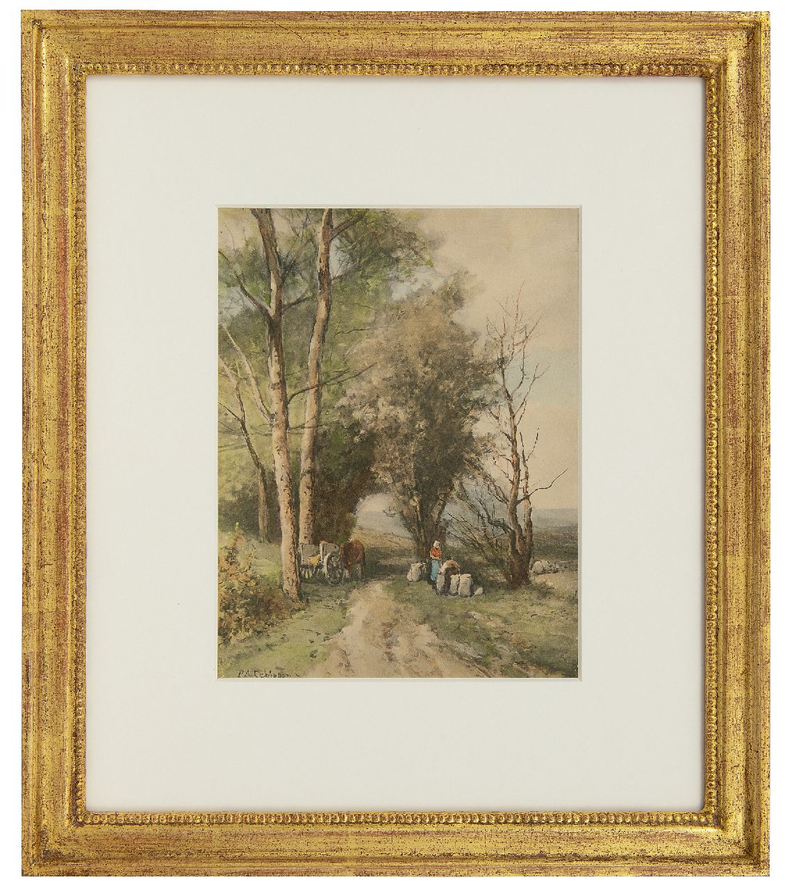 Schipperus P.A. | Pieter Adrianus 'Piet' Schipperus, Boslaantje met boerenkar en figuren, aquarel op papier 25,7 x 19,9 cm, gesigneerd linksonder Schipperus P.A. | Pieter Adrianus 'Piet' Schipperus, Boslaantje met boerenkar en figuren, aquarel op papier 25,7 x 19,9 cm, gesigneerd linksonder