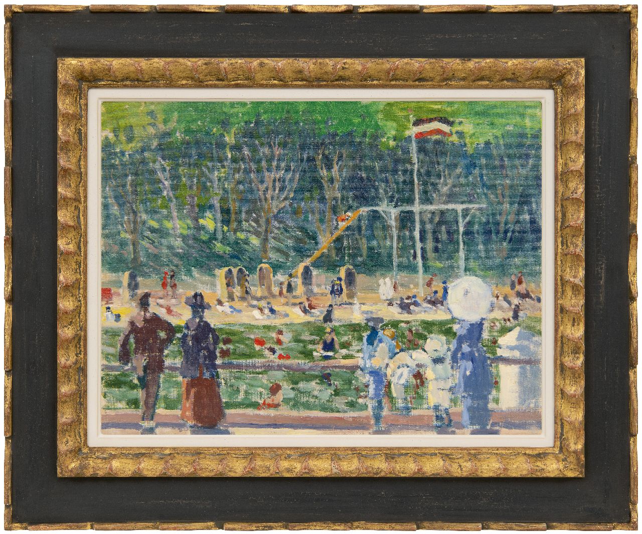 Bloos R.W.  | 'Richard' Willi Bloos | Schilderijen te koop aangeboden | Zonnige dag in het strandbad, olieverf op doek op schildersboard 32,0 x 42,0 cm