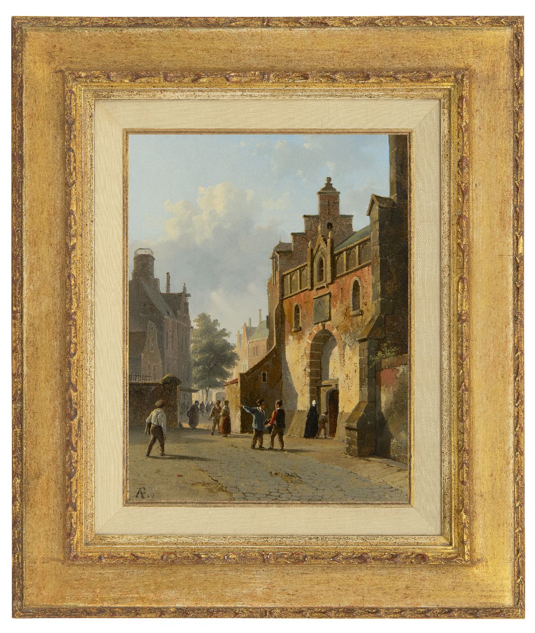 Eversen A. | Adrianus Eversen, Zonnig straatje met figuren, olieverf op paneel 31,0 x 24,0 cm, gesigneerd linksonder met mon Eversen A. | Adrianus Eversen, Zonnig straatje met figuren, olieverf op paneel 31,0 x 24,0 cm, gesigneerd linksonder met mon