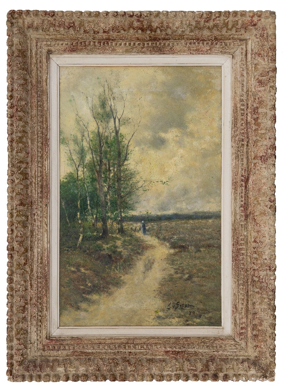 Soest L.W. van | 'Louis' Willem van Soest, Schapenhoedster met kudde op een heidepad, olieverf op doek 50,4 x 32,2 cm, gesigneerd rechtsonder en gedateerd '90