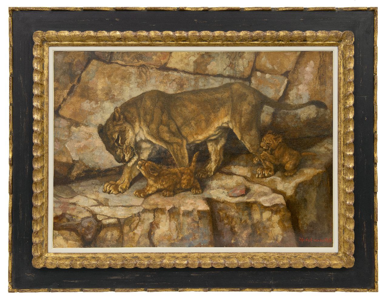 Poll D.H. van der | Daniël Herbert van der Poll | Schilderijen te koop aangeboden | Leeuwin met haar welpen, olieverf op doek 49,5 x 69,8 cm, gesigneerd rechtsonder
