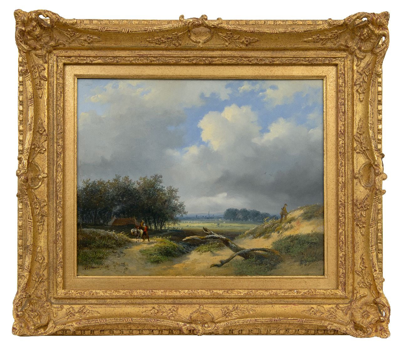 Ortmans F.A. | François Auguste Ortmans | Schilderijen te koop aangeboden | Valleilandschap met jager en boer, olieverf op paneel 23,4 x 29,4 cm, gesigneerd linksonder en gedateerd '46 Ortmans F.A. | François Auguste Ortmans | Schilderijen te koop aangeboden | Valleilandschap met jager en boer, olieverf op paneel 23,4 x 29,4 cm, gesigneerd linksonder en gedateerd '46