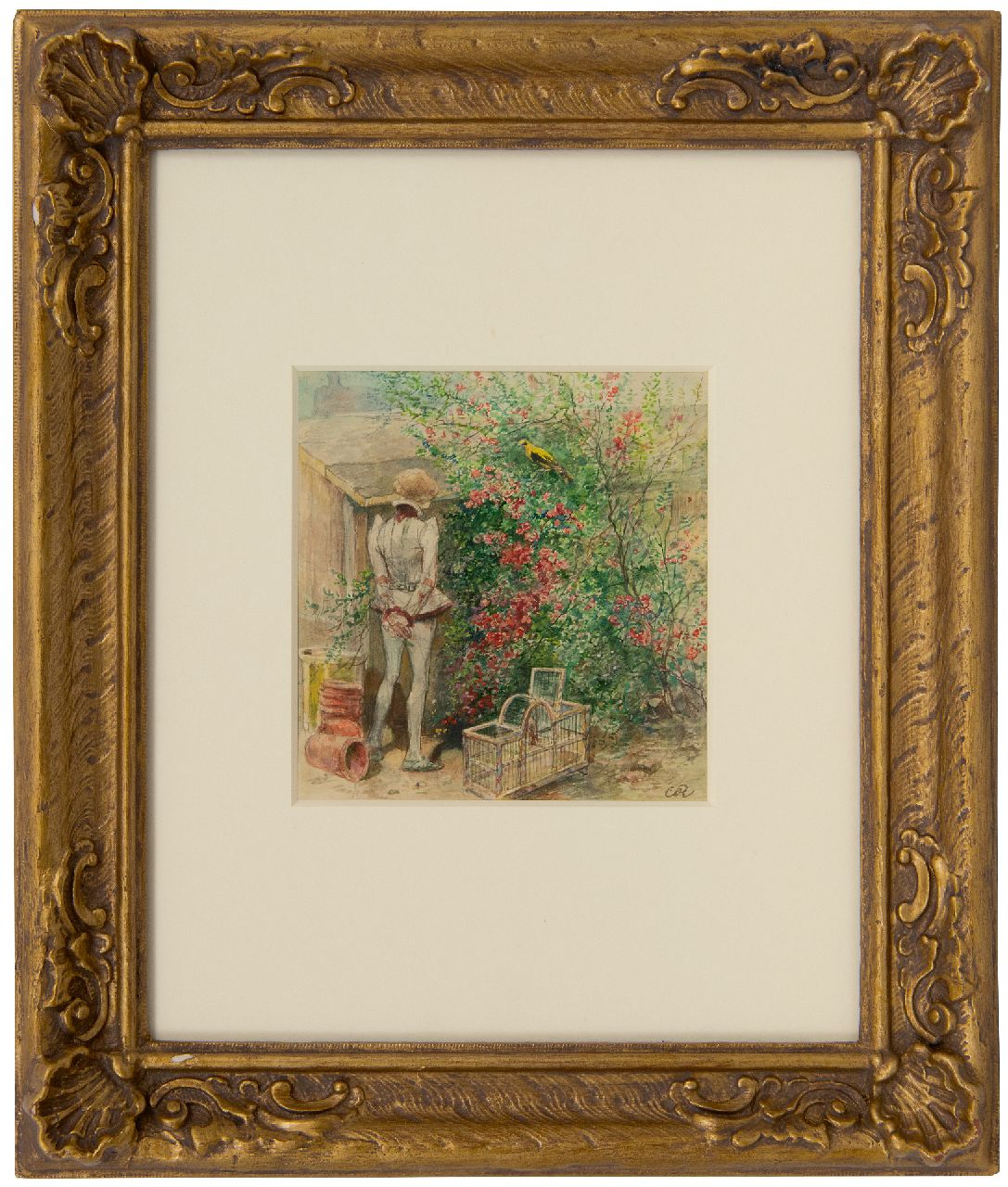 Rochussen Ch.  | Charles Rochussen, Wachten op gezelschap, aquarel op papier 13,8 x 13,1 cm, gesigneerd rechtsonder met monogram