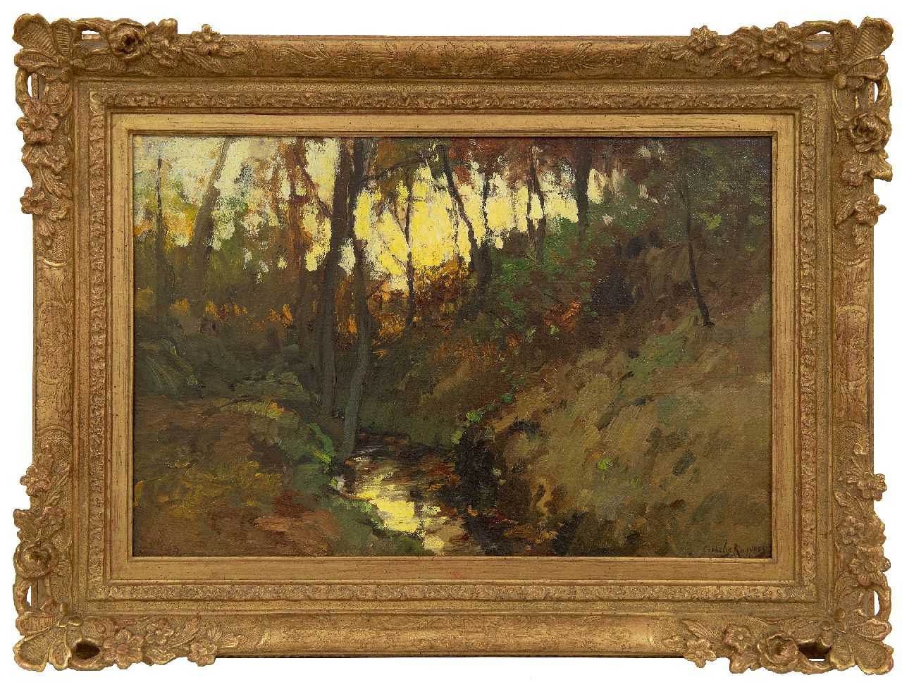 Kuijpers C.  | Cornelis Kuijpers | Schilderijen te koop aangeboden | Beek in herfstig boslandschap, olieverf op doek op paneel 31,6 x 47,1 cm, gesigneerd rechtsonder