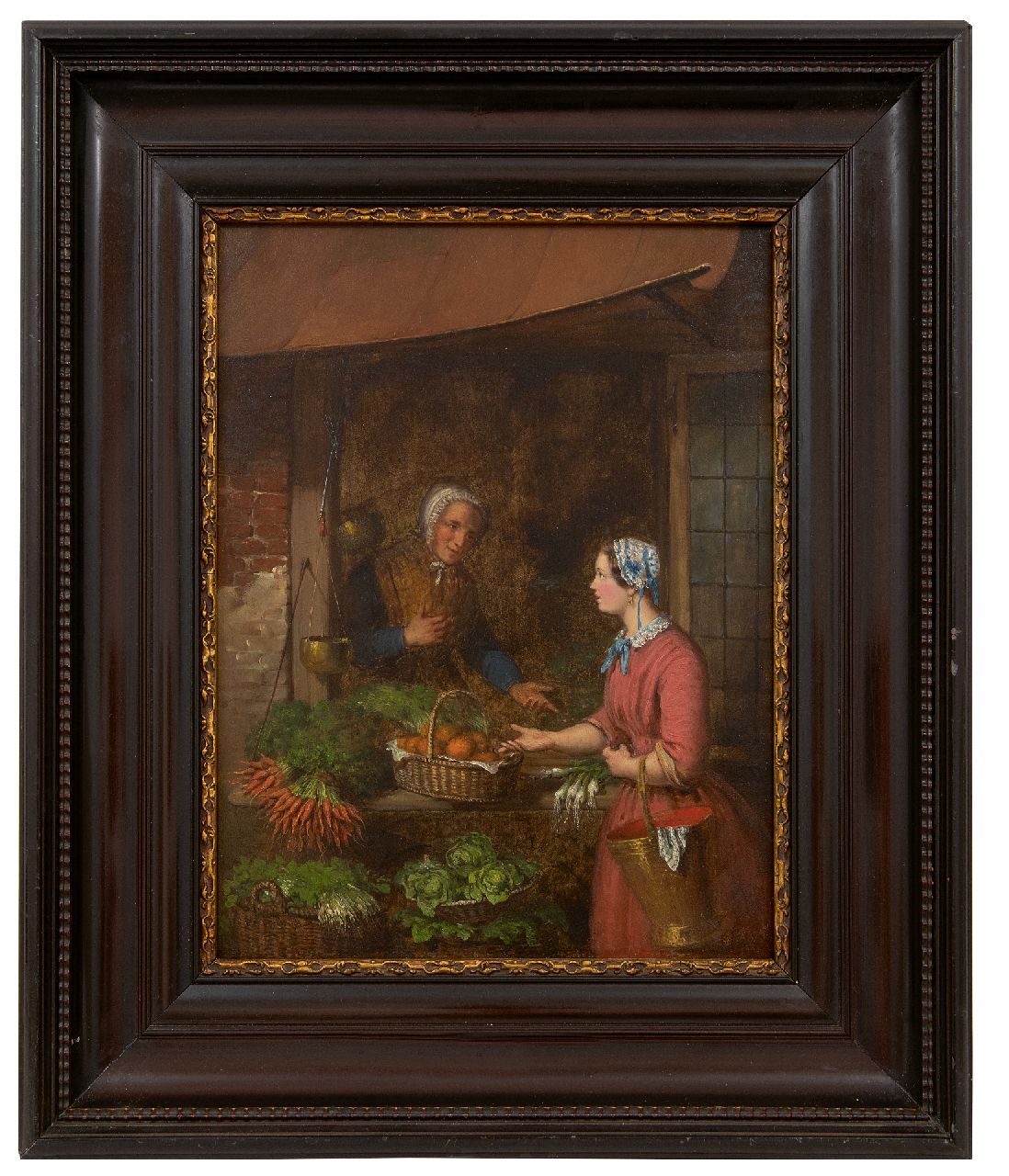 Pez A. | Aimé Pez | Schilderijen te koop aangeboden | Een praatje bij de groentestal, olieverf op paneel 34,6 x 26,0 cm, gesigneerd rechtsonder en gedateerd 1848 Pez A. | Aimé Pez | Schilderijen te koop aangeboden | Een praatje bij de groentestal, olieverf op paneel 34,6 x 26,0 cm, gesigneerd rechtsonder en gedateerd 1848