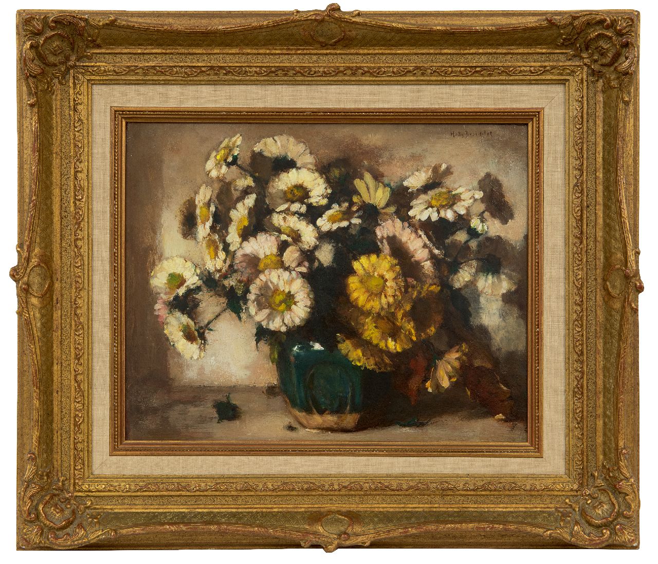 Broedelet-Henkes H. | Hester 'Hetty' Broedelet-Henkes, Margrieten in een gemberpot, olieverf op paneel 27,8 x 35,1 cm, gesigneerd rechtsboven Broedelet-Henkes H. | Hester 'Hetty' Broedelet-Henkes, Margrieten in een gemberpot, olieverf op paneel 27,8 x 35,1 cm, gesigneerd rechtsboven