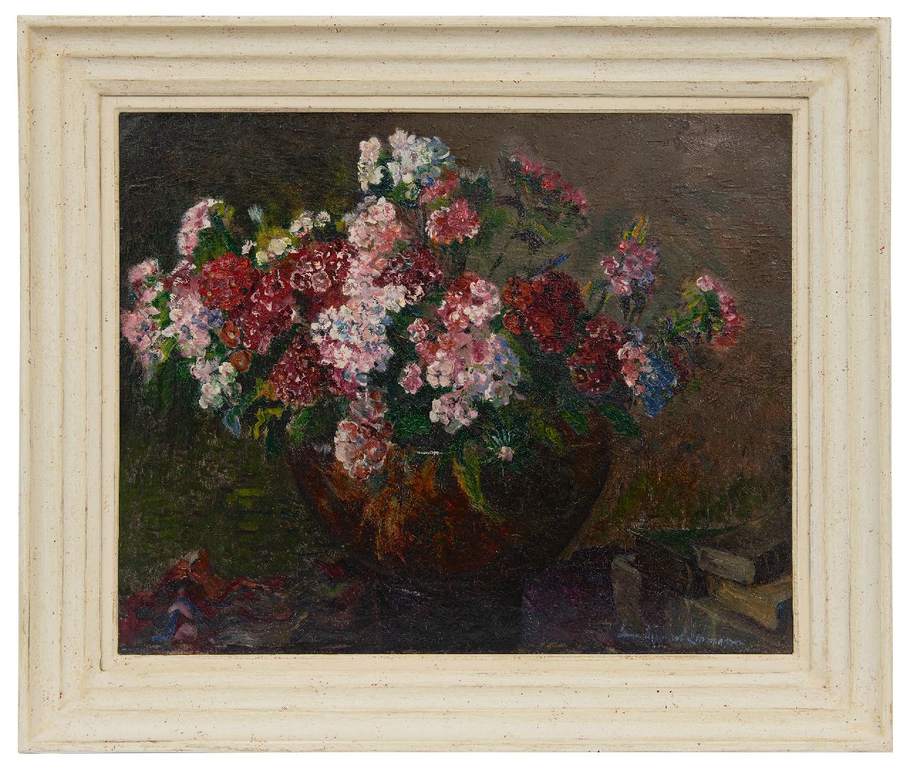 Lehmann A.E.F. | 'Anna' Elisabeth Frederika Lehmann, Duizendschoon in glazen vaas, olieverf op doek 40,5 x 50,5 cm, gesigneerd rechtsonder Lehmann A.E.F. | 'Anna' Elisabeth Frederika Lehmann, Duizendschoon in glazen vaas, olieverf op doek 40,5 x 50,5 cm, gesigneerd rechtsonder