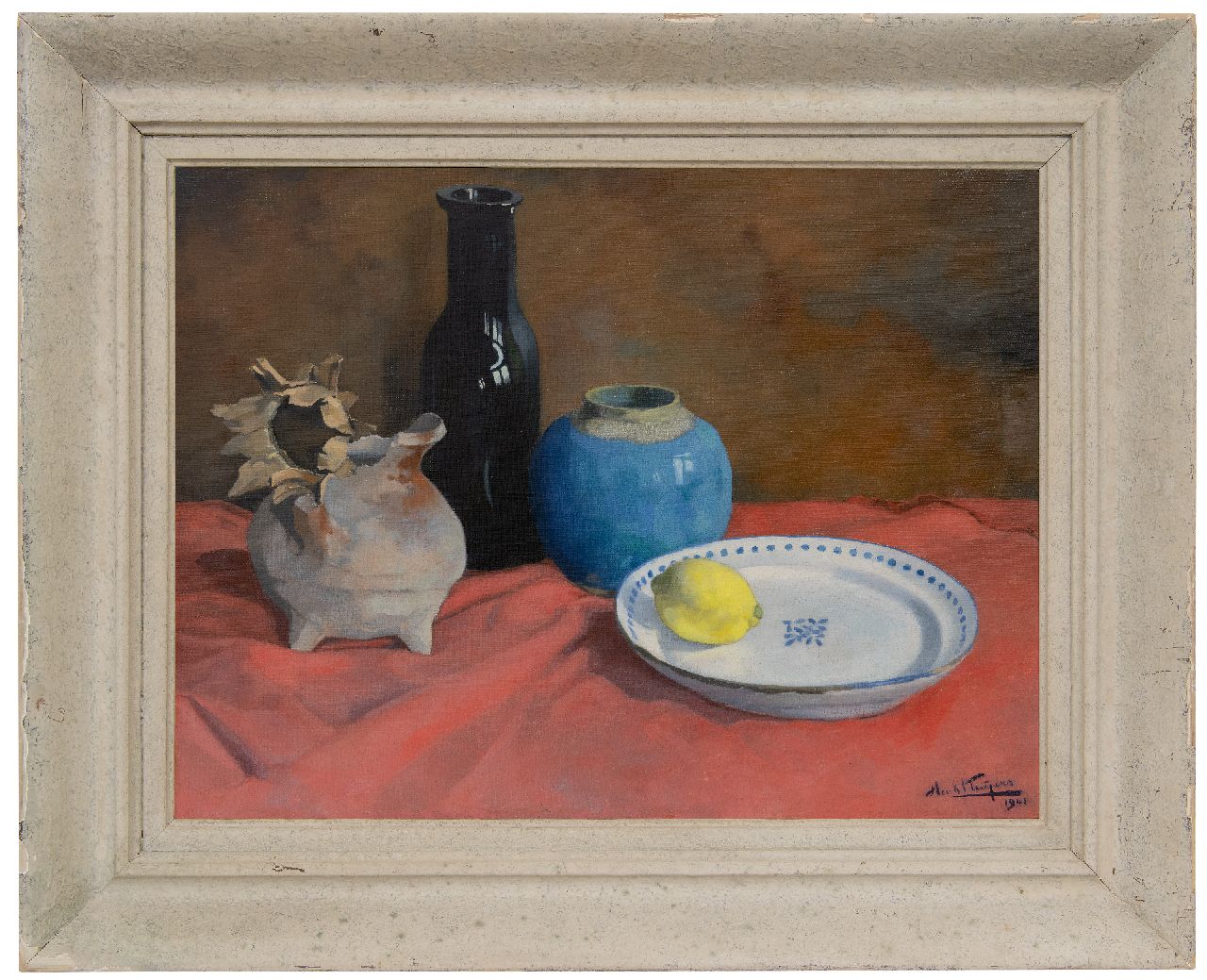 Kuipers H.J.  | Hendricus Jacobus 'Henk' Kuipers | Schilderijen te koop aangeboden | Stilleven met vaatwerk en citroen, olieverf op doek 45,7 x 60,5 cm, gesigneerd rechtsonder en gedateerd 1941