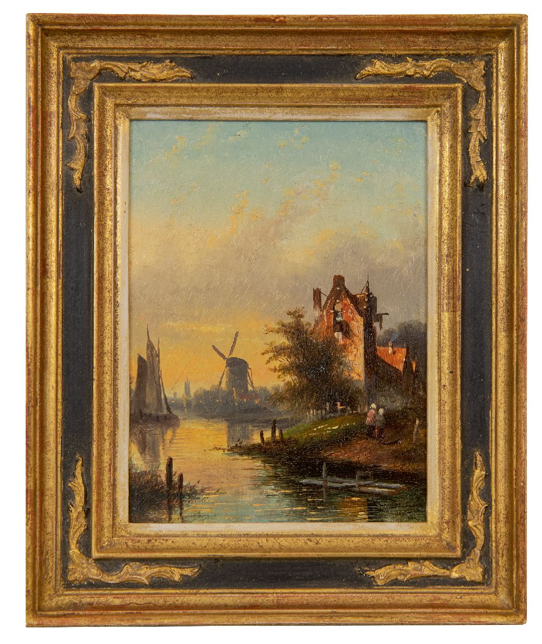 Spohler J.J.C.  | Jacob Jan Coenraad Spohler | Schilderijen te koop aangeboden | Rivierlandschap met zeilschip, figuren en molen, olieverf op paneel 16,0 x 11,9 cm