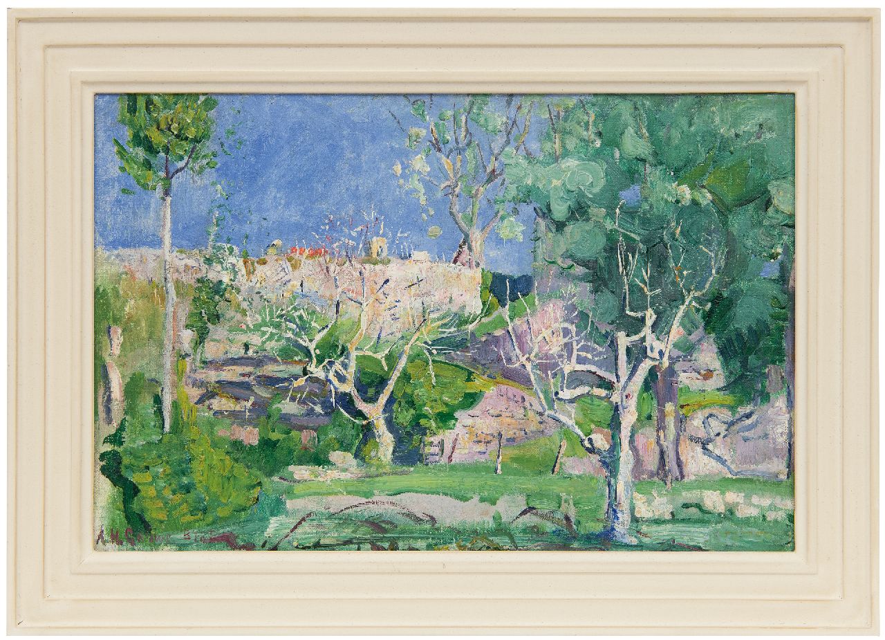 Gouwe A.H. | Adriaan Herman Gouwe, Gezicht op Biot (Zuid-Frankrijk), olieverf op doek op board 27,7 x 42,6 cm, gesigneerd linksonder en te dateren ca. 1919-1920 Gouwe A.H. | Adriaan Herman Gouwe, Gezicht op Biot (Zuid-Frankrijk), olieverf op doek op board 27,7 x 42,6 cm, gesigneerd linksonder en te dateren ca. 1919-1920
