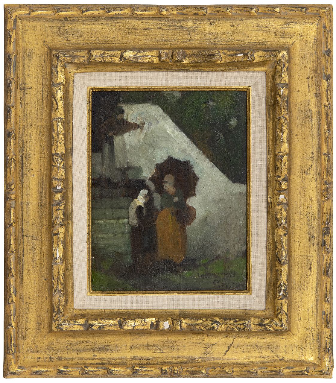 Weissenbruch H.J. | Hendrik Johannes 'J.H.' Weissenbruch, Figuren bij een trap, olieverf op paneel 20,3 x 16,1 cm, gesigneerd rechtsonder en gedateerd '79 Weissenbruch H.J. | Hendrik Johannes 'J.H.' Weissenbruch, Figuren bij een trap, olieverf op paneel 20,3 x 16,1 cm, gesigneerd rechtsonder en gedateerd '79