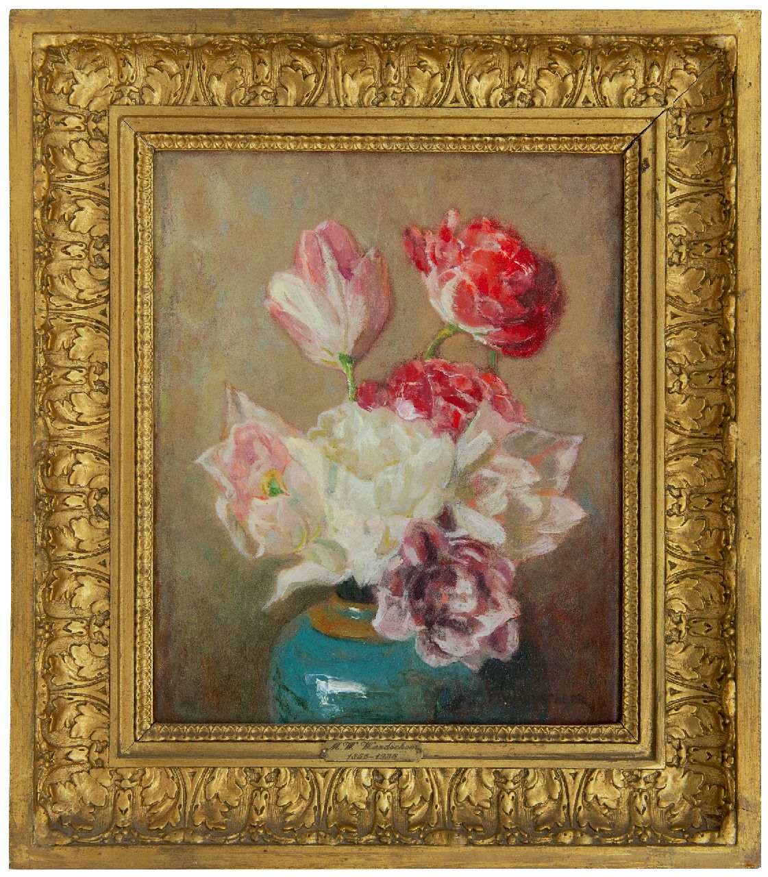Wandscheer M.W. | Maria Wilhelmina 'Marie' Wandscheer, Dubbele tulpen in gemberpot, olieverf op doek 30,0 x 23,8 cm, gesigneerd rechtsonder Wandscheer M.W. | Maria Wilhelmina 'Marie' Wandscheer, Dubbele tulpen in gemberpot, olieverf op doek 30,0 x 23,8 cm, gesigneerd rechtsonder