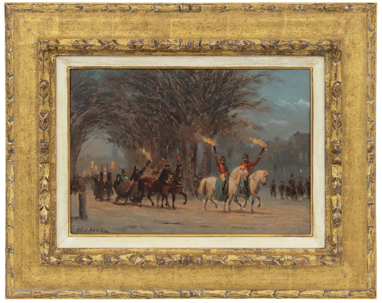 Nakken W.K.  | Willem Karel 'W.C.' Nakken, Winterse fakkeloptocht, olieverf op papier op paneel 23,2 x 32,2 cm, gesigneerd linksonder