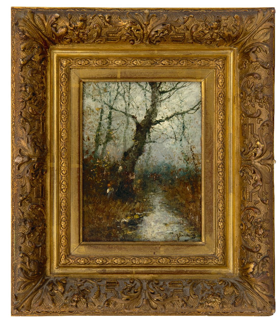 Jungblut J.  | Johann Jungblut, Figuurtje in een herfstbos (pendant van winter), olieverf op paneel 16,2 x 11,7 cm, gesigneerd rechtsonder J. Sander [pseudoniem]
