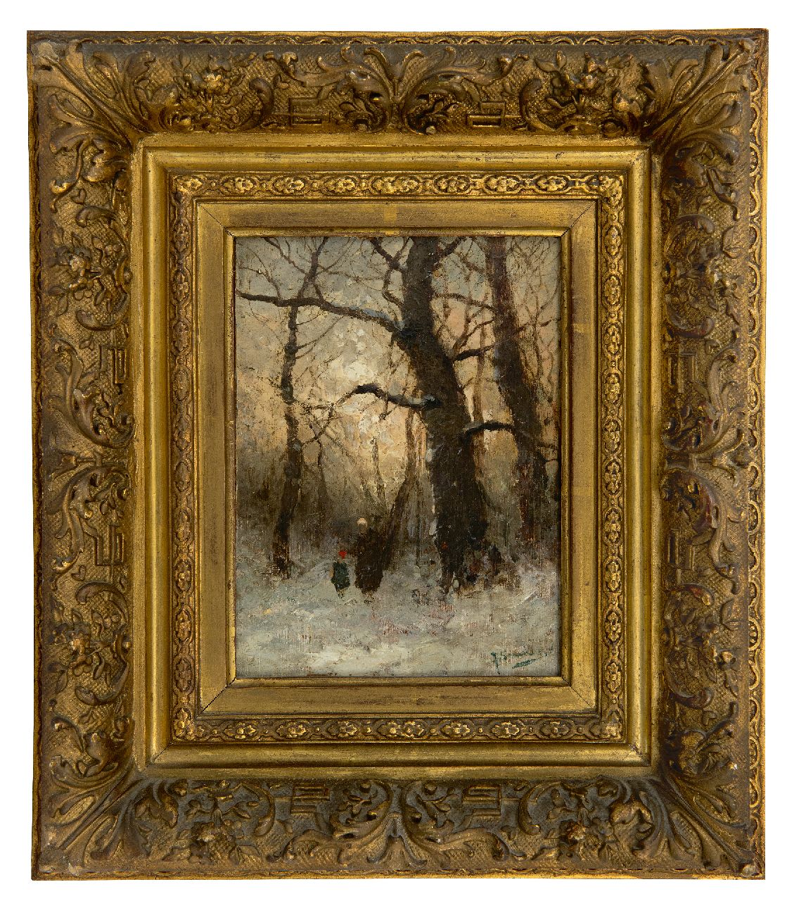 Jungblut J.  | Johann Jungblut, Figuren in een besneeuwd bos (pendant van herfst), olieverf op paneel 16,1 x 11,8 cm, gesigneerd rechtsonder J. Sander [pseudoniem]