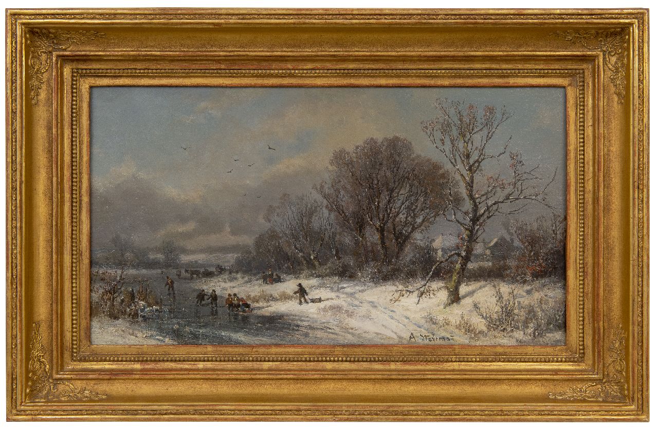 Stademann A. | Adolf Stademann | Schilderijen te koop aangeboden | Winterlandschap met paard en wagen en spelende kinderen op het ijs, olieverf op doek 31,0 x 56,0 cm, gesigneerd rechtsonder Stademann A. | Adolf Stademann | Schilderijen te koop aangeboden | Winterlandschap met paard en wagen en spelende kinderen op het ijs, olieverf op doek 31,0 x 56,0 cm, gesigneerd rechtsonder
