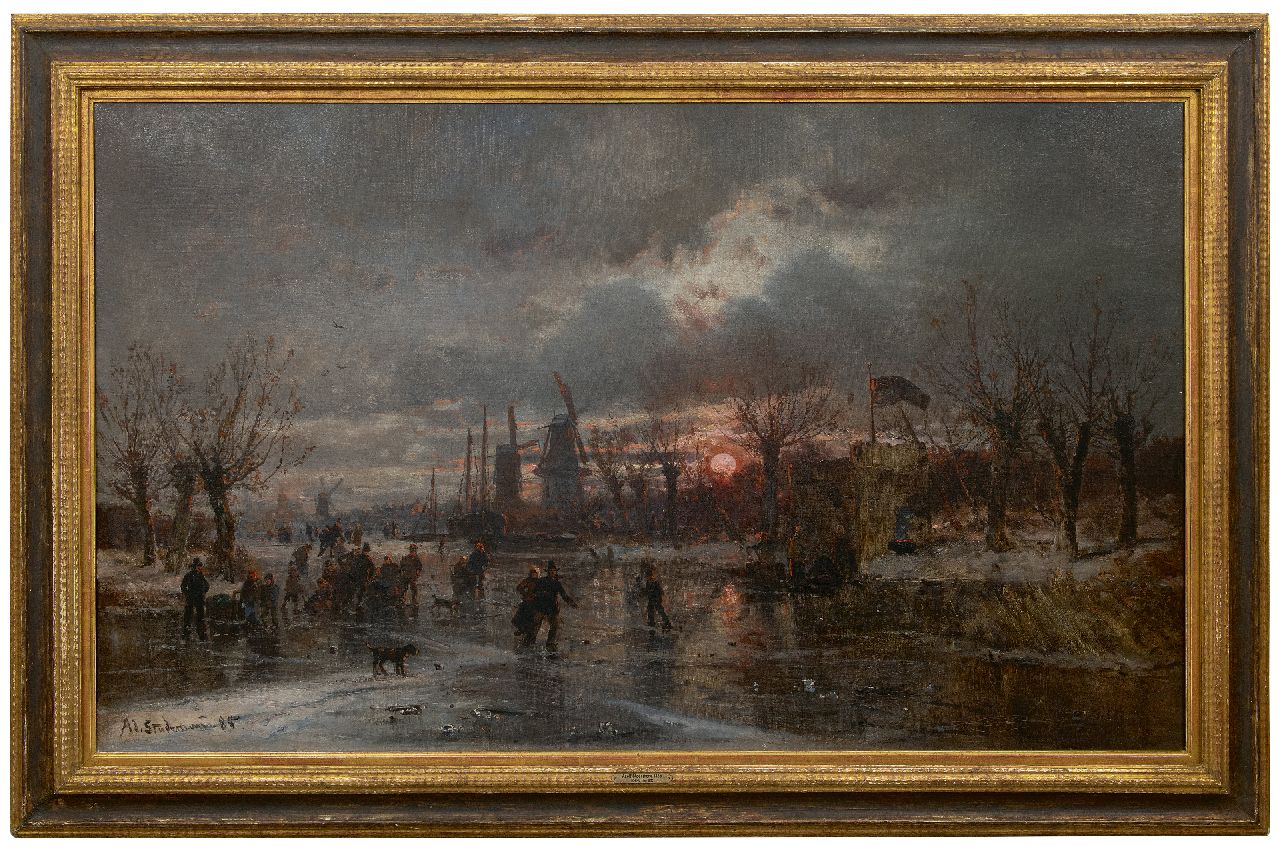 Stademann A.  | Adolf Stademann | Schilderijen te koop aangeboden | IJsplezier bij zonsondergang, olieverf op doek 81,7 x 136,3 cm, gesigneerd linksonder en gedateerd '85