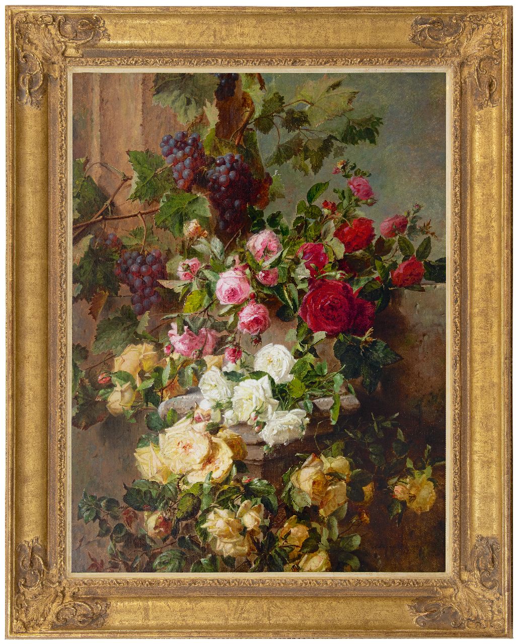 Haanen A.J. | 'Adriana' Johanna Haanen, Stilleven met rozen en druiven, olieverf op doek 101,6 x 76,5 cm, gesigneerd rechtsonder en gedateerd 1874 Haanen A.J. | 'Adriana' Johanna Haanen, Stilleven met rozen en druiven, olieverf op doek 101,6 x 76,5 cm, gesigneerd rechtsonder en gedateerd 1874