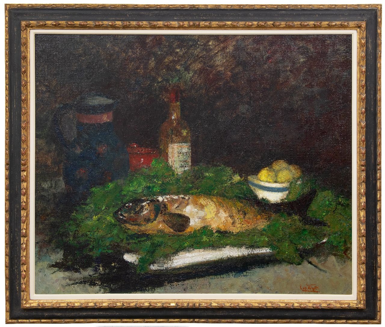 Windt Ch. van der | Christophe 'Chris' van der Windt | Schilderijen te koop aangeboden | Stilleven van een vis, wijnfles en fruitschaal, olieverf op doek 71,3 x 86,0 cm, gesigneerd rechtsonder