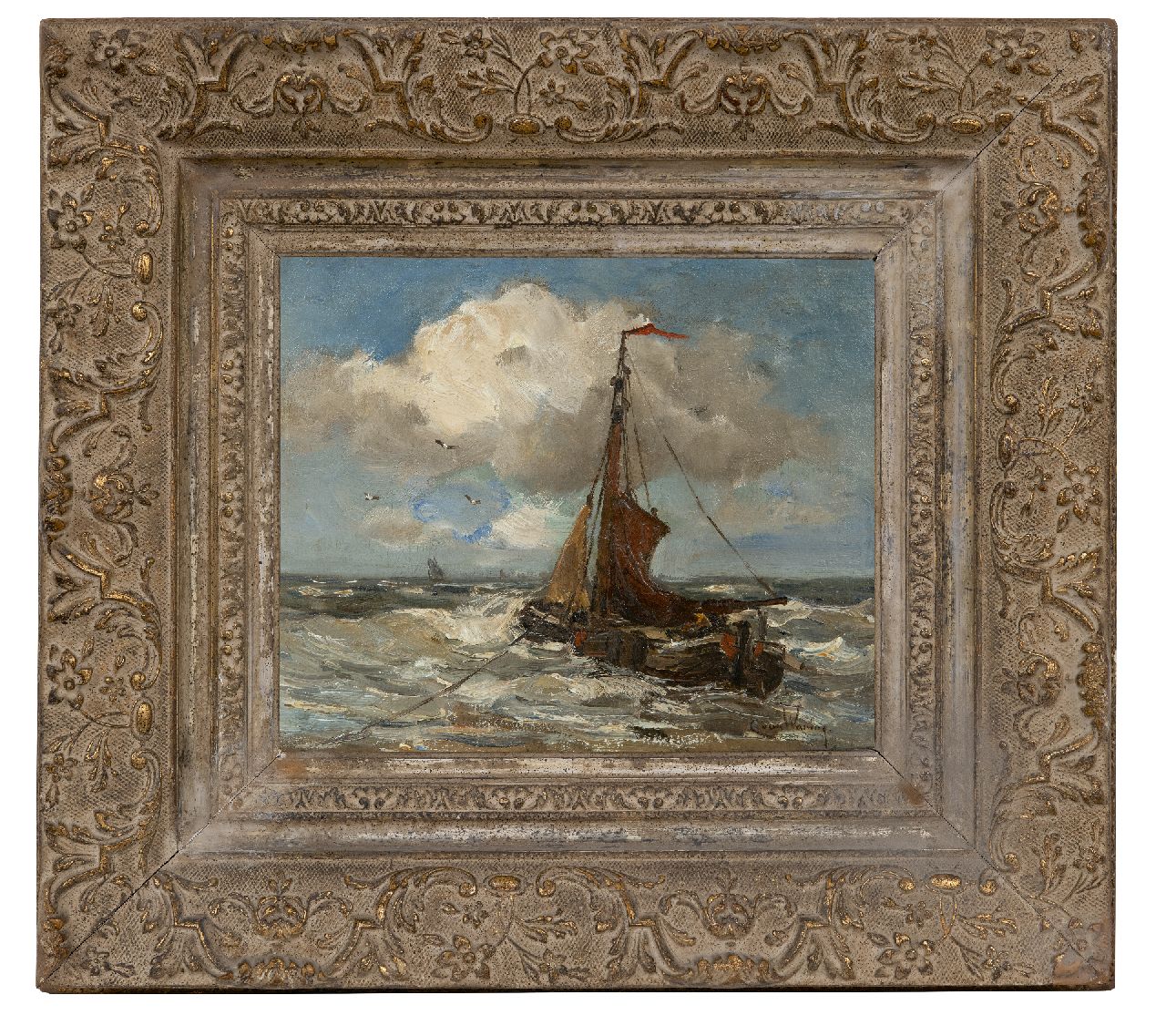 Waning C.A. van | Cornelis Anthonij 'Kees' van Waning | Schilderijen te koop aangeboden | Bomschuit voor anker in de branding, olieverf op doek 25,2 x 31,0 cm, gesigneerd rechtsonder Waning C.A. van | Cornelis Anthonij 'Kees' van Waning | Schilderijen te koop aangeboden | Bomschuit voor anker in de branding, olieverf op doek 25,2 x 31,0 cm, gesigneerd rechtsonder