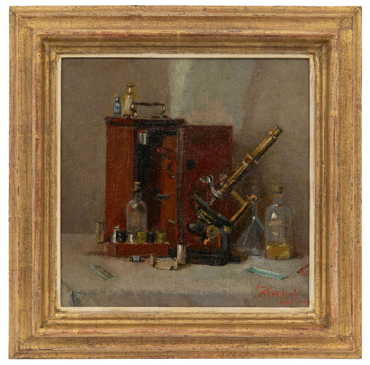 Schellekens J. | Jan Schellekens | Schilderijen te koop aangeboden | Stilleven van microscoop met objectieven, coupes en flesjes olie, olieverf op doek 25,0 x 25,0 cm, gesigneerd rechtsonder en gedateerd April 1944 Schellekens J. | Jan Schellekens | Schilderijen te koop aangeboden | Stilleven van microscoop met objectieven, coupes en flesjes olie, olieverf op doek 25,0 x 25,0 cm, gesigneerd rechtsonder en gedateerd April 1944