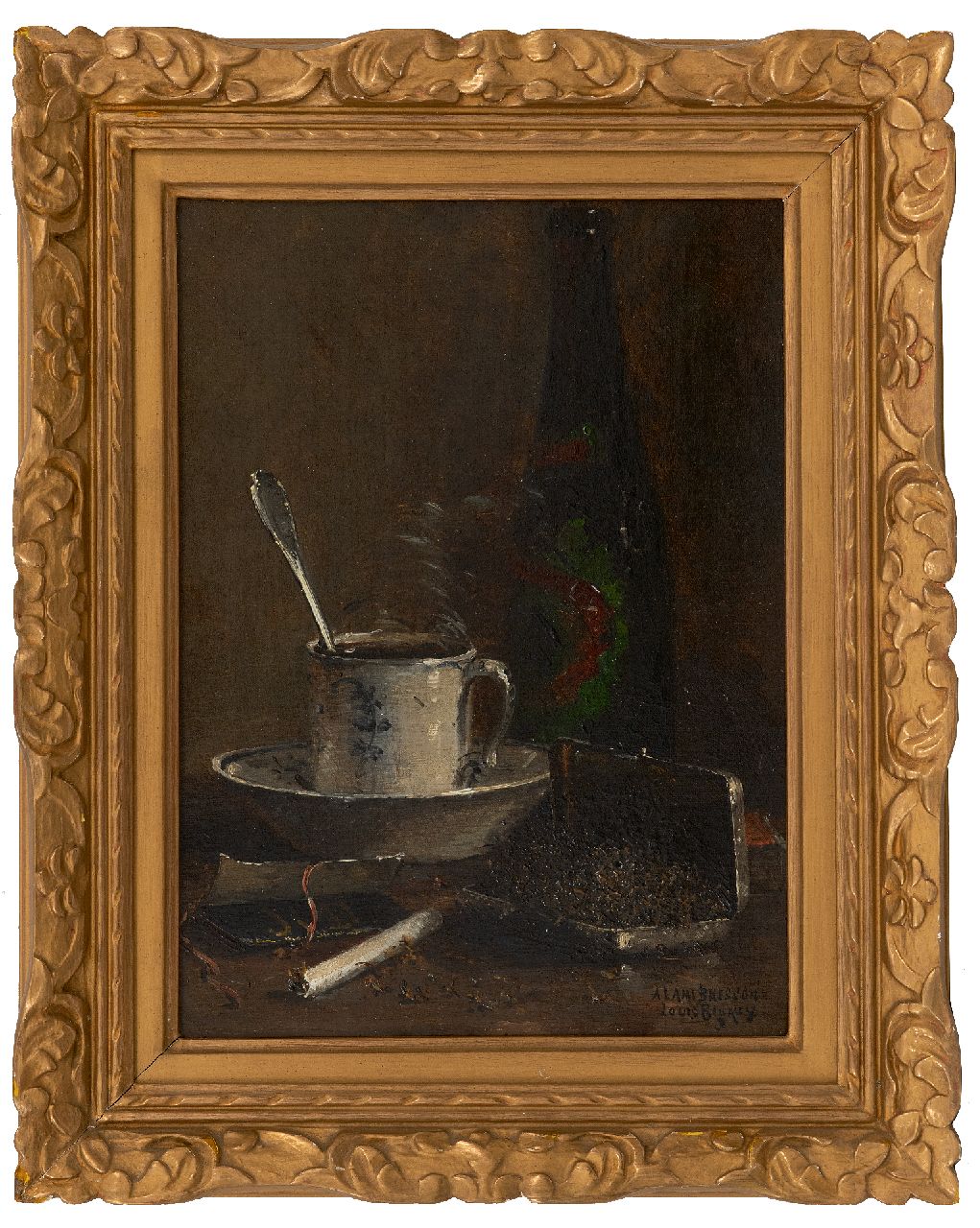 Bigaux L.F. | Louis Félix Bigaux | Schilderijen te koop aangeboden | Stilleven met tabaksdoos, sigaret en kop en schotel, olieverf op doek 32,4 x 24,6 cm, gesigneerd rechtsonder Bigaux L.F. | Louis Félix Bigaux | Schilderijen te koop aangeboden | Stilleven met tabaksdoos, sigaret en kop en schotel, olieverf op doek 32,4 x 24,6 cm, gesigneerd rechtsonder