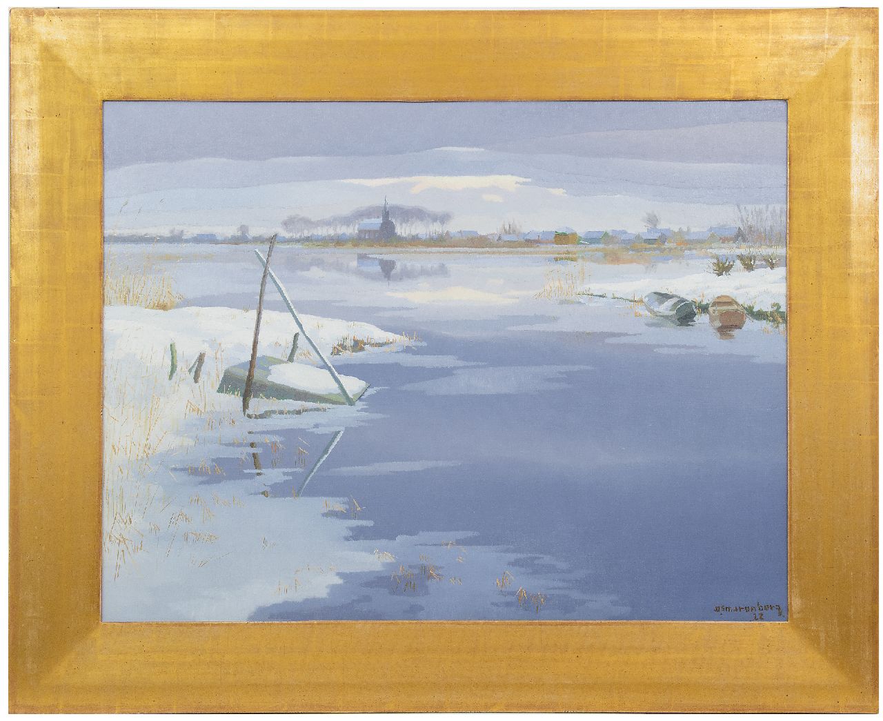 Smorenberg D.  | Dirk Smorenberg, Gezicht over de Vuntusplas met in de verte het kerkje van Oud-Loosdrecht, olieverf op doek 73,0 x 95,2 cm, gesigneerd rechtsonder en gedateerd '22
