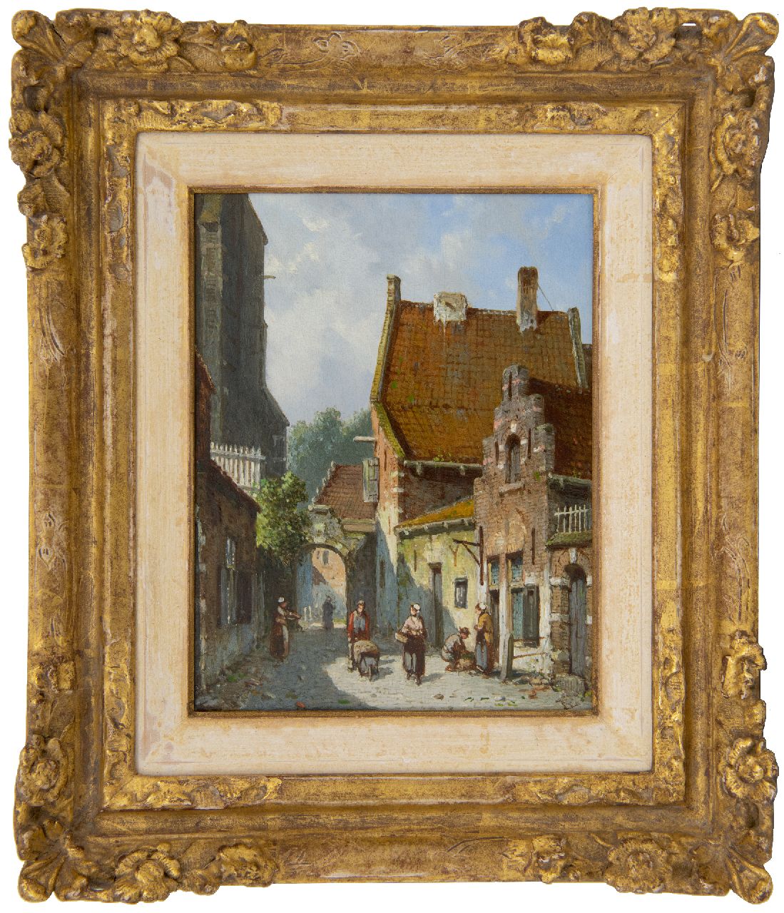 Eversen A. | Adrianus Eversen, Zonnig straatje achter de kerk, olieverf op paneel 19,1 x 14,9 cm, gesigneerd rechtsonder met monogram en verso op etiket voluit Eversen A. | Adrianus Eversen, Zonnig straatje achter de kerk, olieverf op paneel 19,1 x 14,9 cm, gesigneerd rechtsonder met monogram en verso op etiket voluit