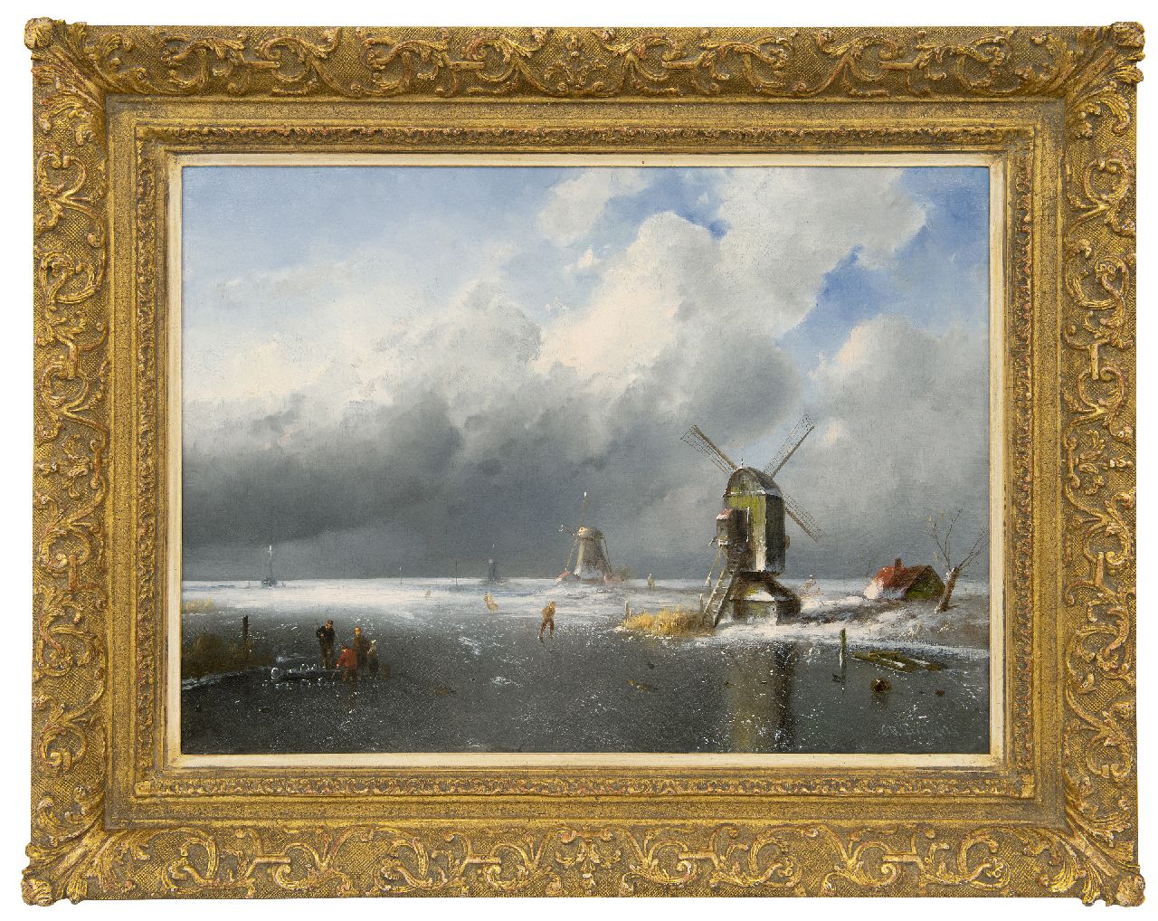 Leickert C.H.J. | 'Charles' Henri Joseph Leickert, Figuren op het ijs bij naderende sneeuwstorm, olieverf op doek 42,2 x 58,2 cm, gesigneerd rechtsonder Leickert C.H.J. | 'Charles' Henri Joseph Leickert, Figuren op het ijs bij naderende sneeuwstorm, olieverf op doek 42,2 x 58,2 cm, gesigneerd rechtsonder